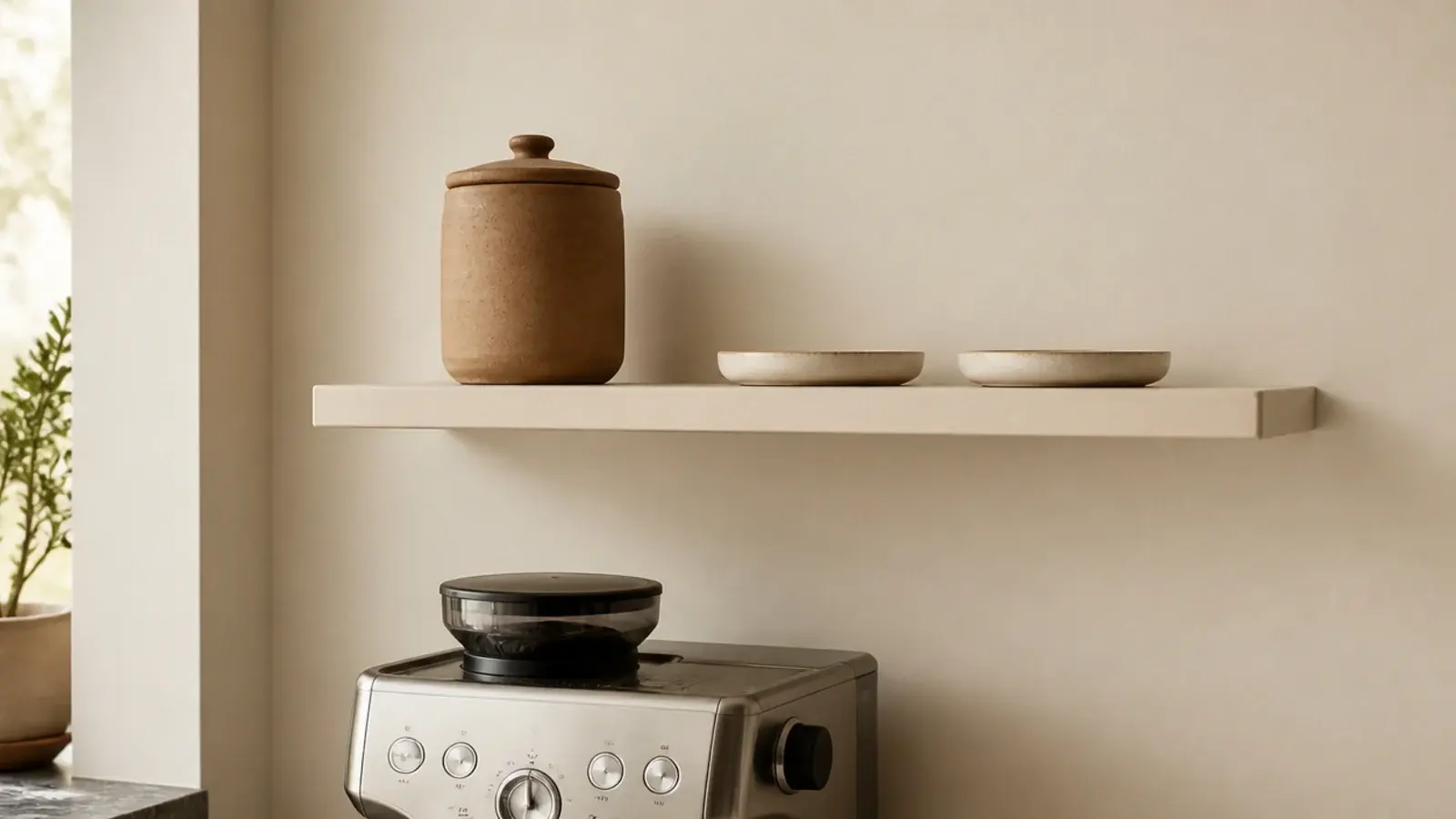 shelf painted the same cream as the wall above a coffee station