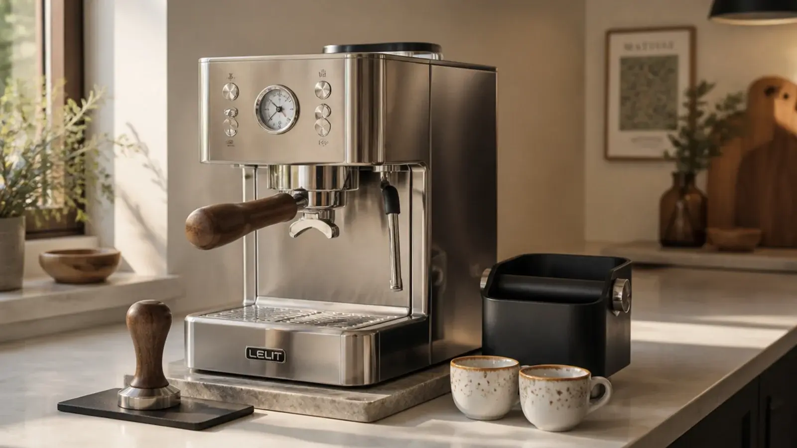 compact espresso machine and tamper squeezed into a narrow counter run