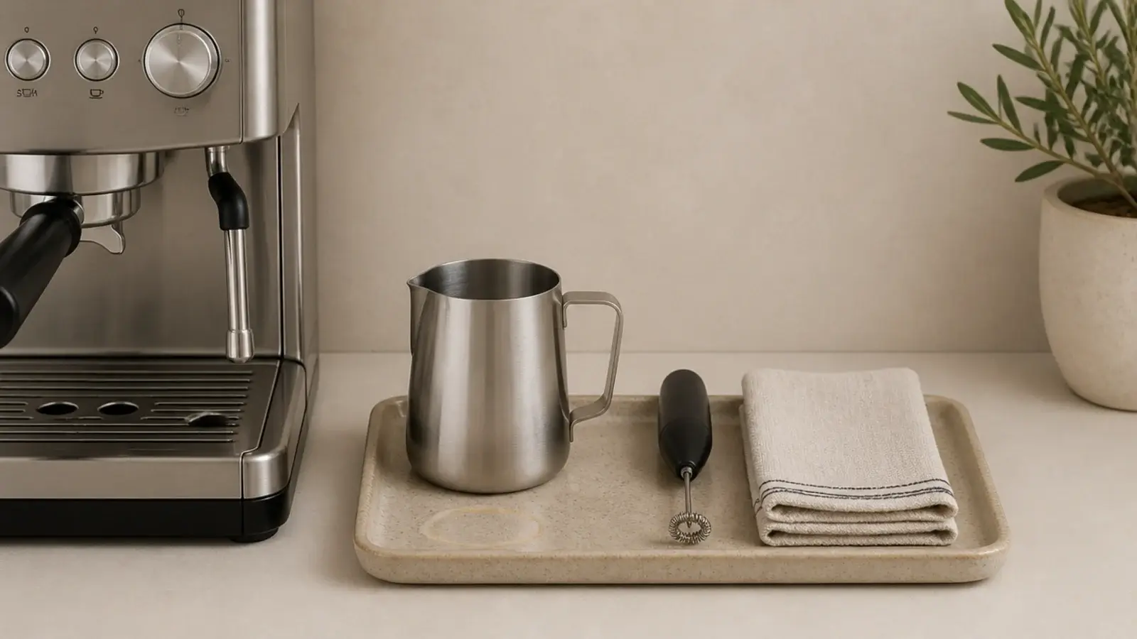 small tray holding milk jug frother and cloth beside a coffee machine