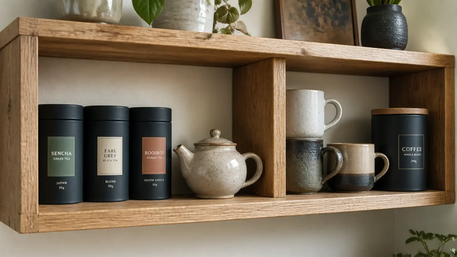 small tea tins and a pot sharing a shelf beside a coffee station