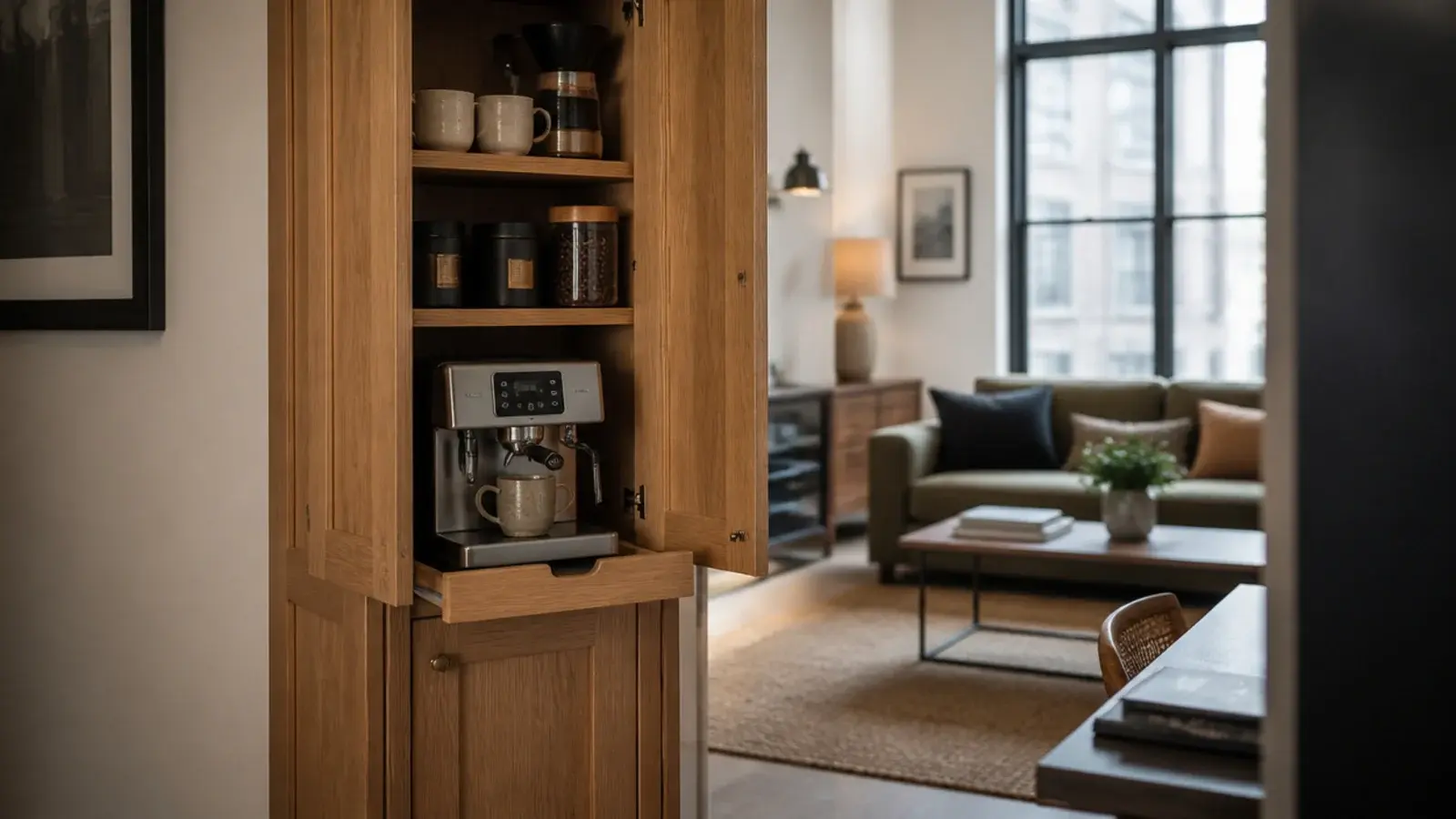 narrow cabinet with doors housing a tidy apartment coffee station