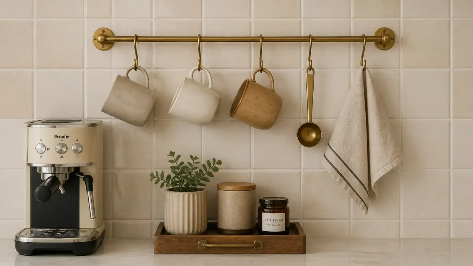 brass wall rail with hooks holding mugs and a scoop above a counter