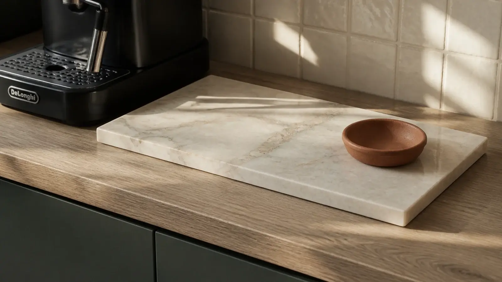 marble offcut used as a base board under an apartment coffee machine