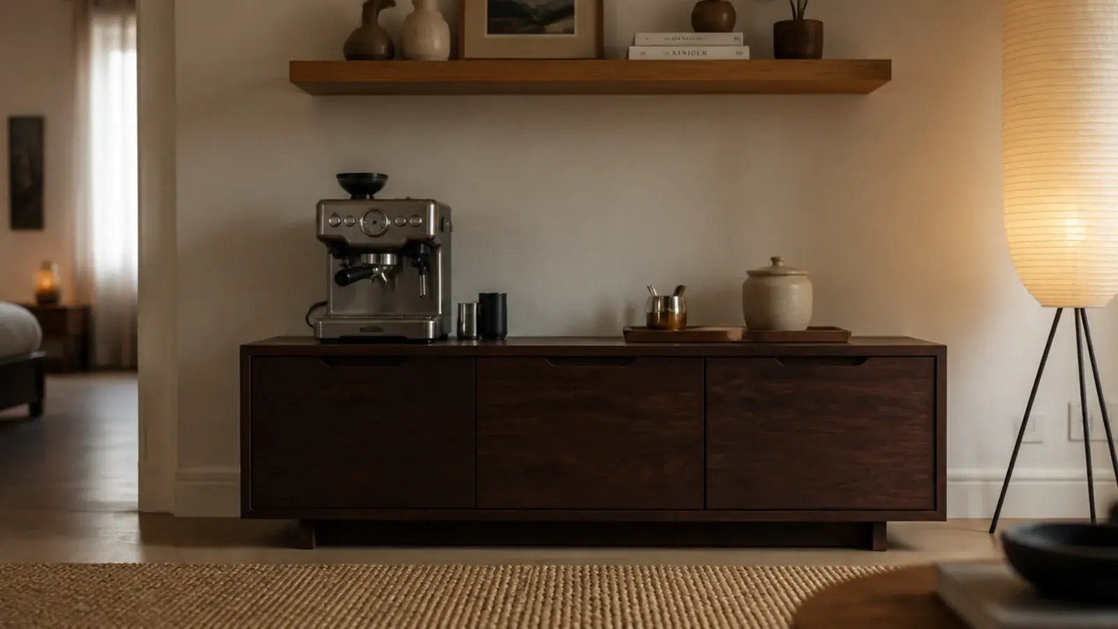 dark walnut coffee bar cabinet set against a pale cream apartment wall