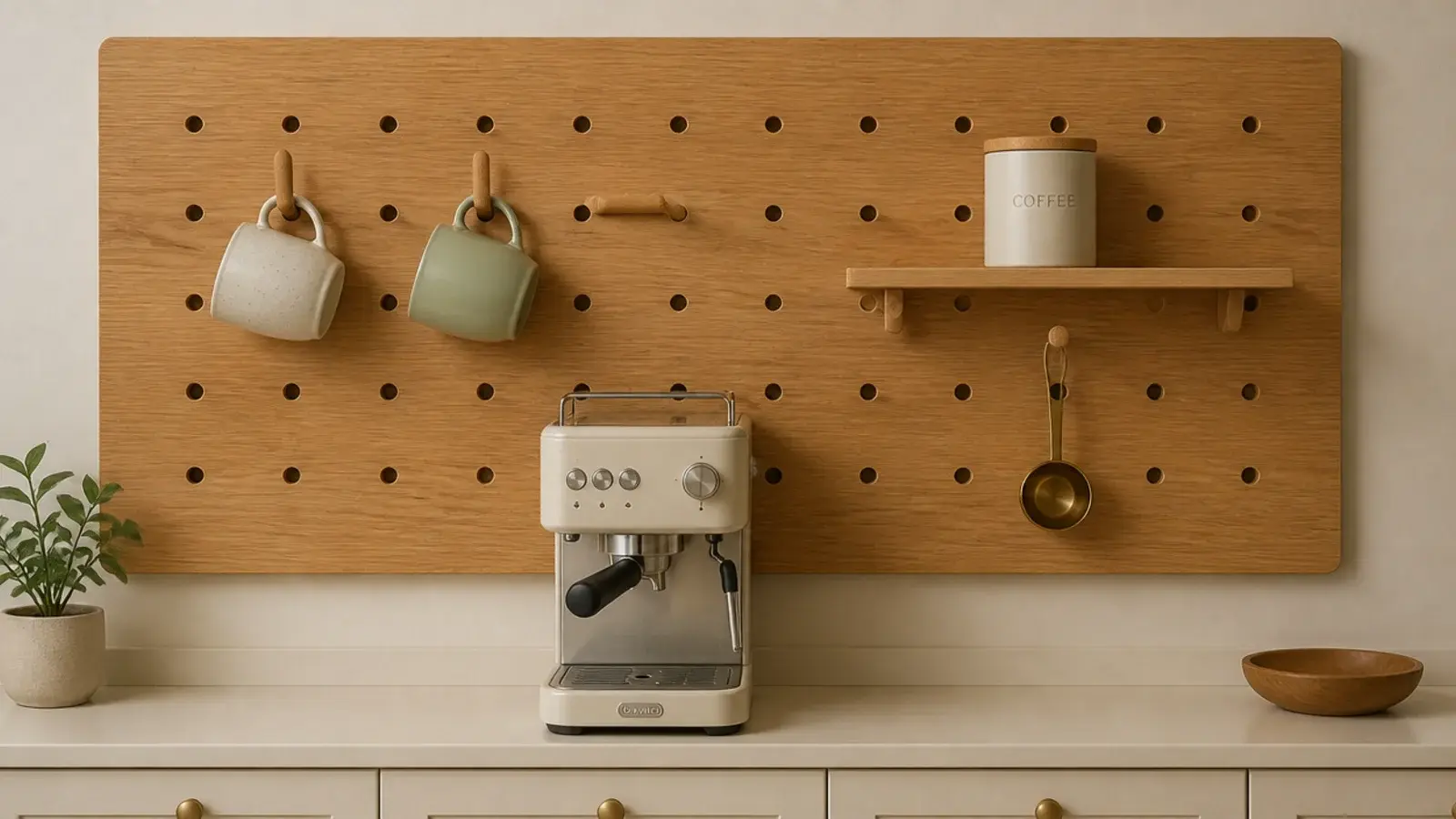 oak pegboard panel above a counter holding coffee tools and a shelf