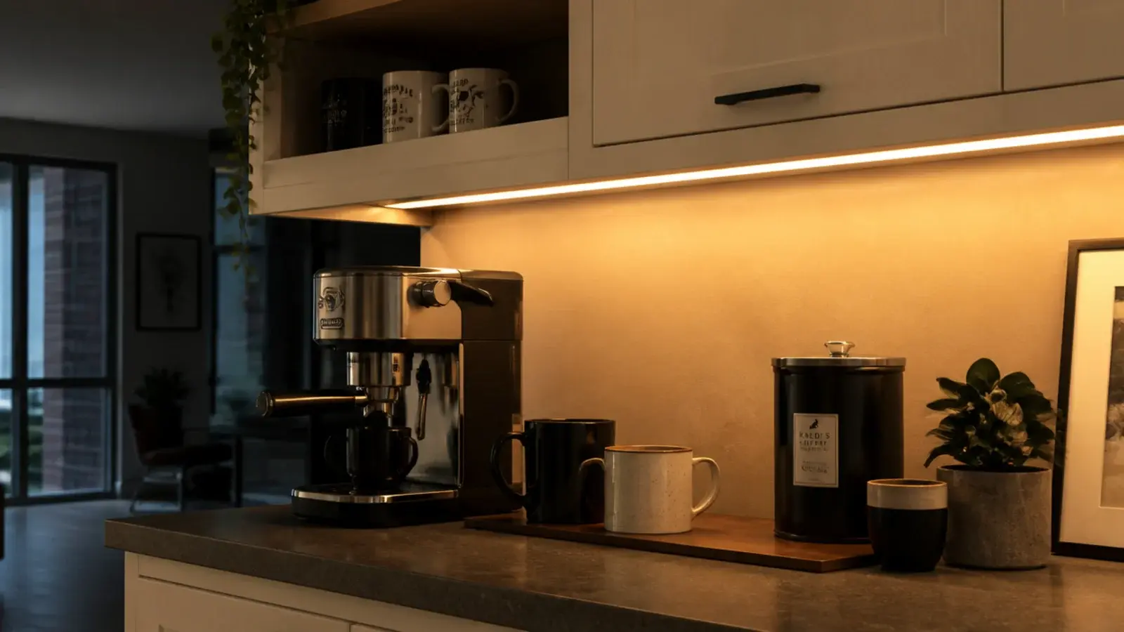 warm strip light under a cabinet washing an apartment coffee bar