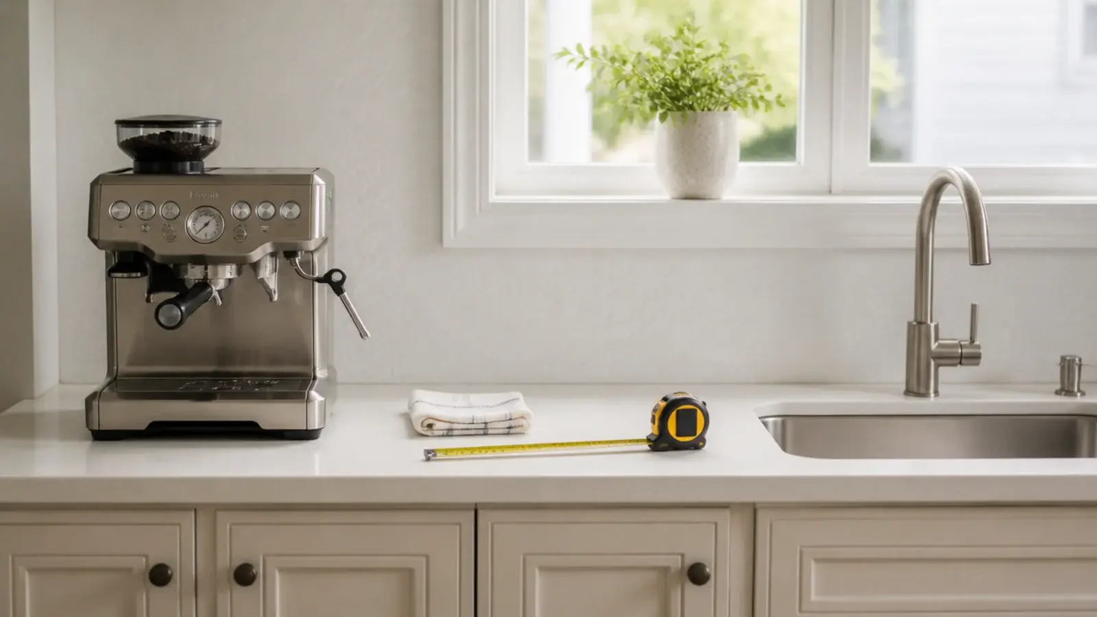 coffee machine set well clear of a kitchen sink on a counter run