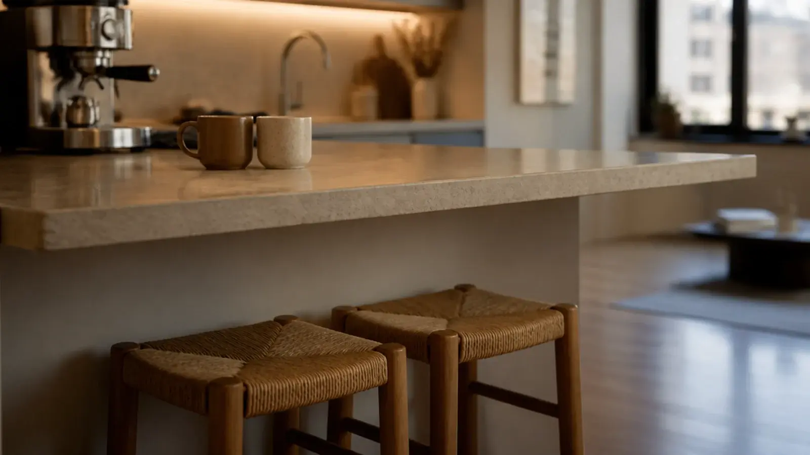 two stools tucked under a counter overhang beside a coffee station
