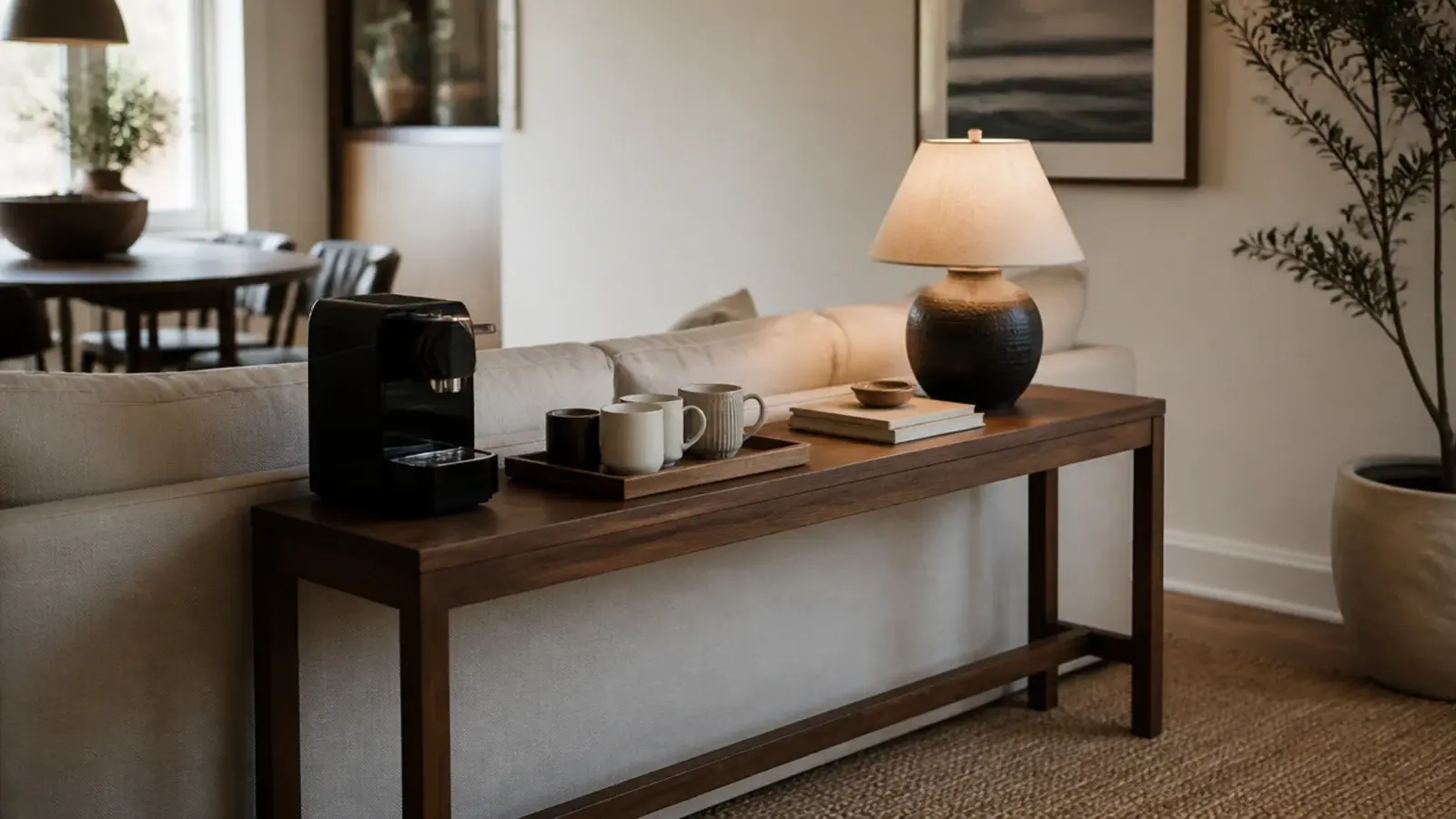 narrow console behind a sofa styled as an open plan coffee bar