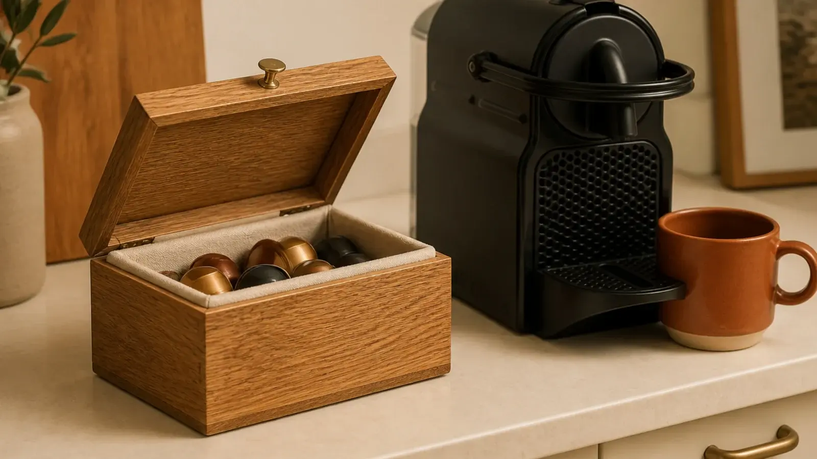 opaque wooden box storing coffee pods beside a small machine