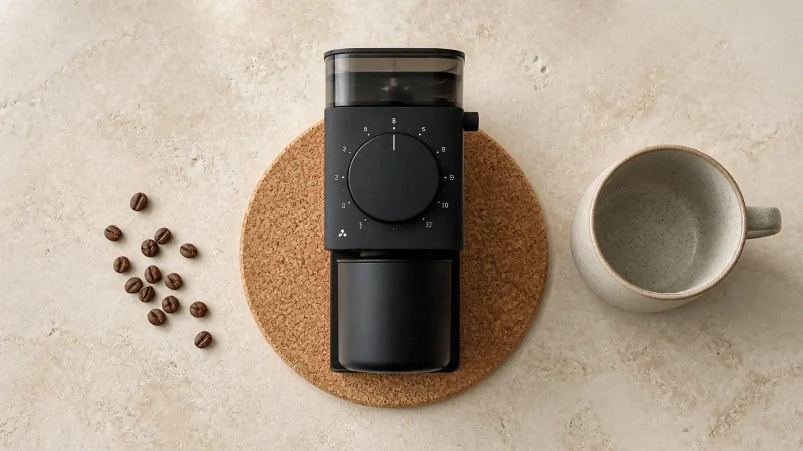 cork mat under an electric burr grinder on an apartment counter