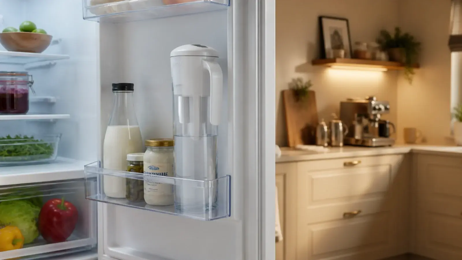 water filter jug tucked into a fridge door beside a coffee station