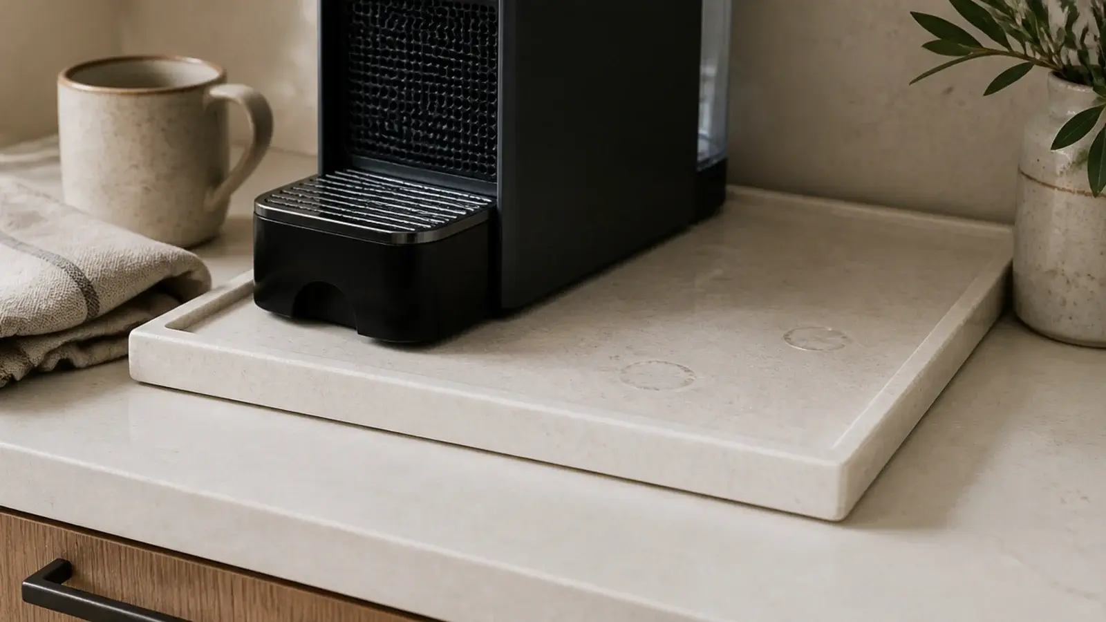 stone tray under a coffee machine catching drips on a rental counter