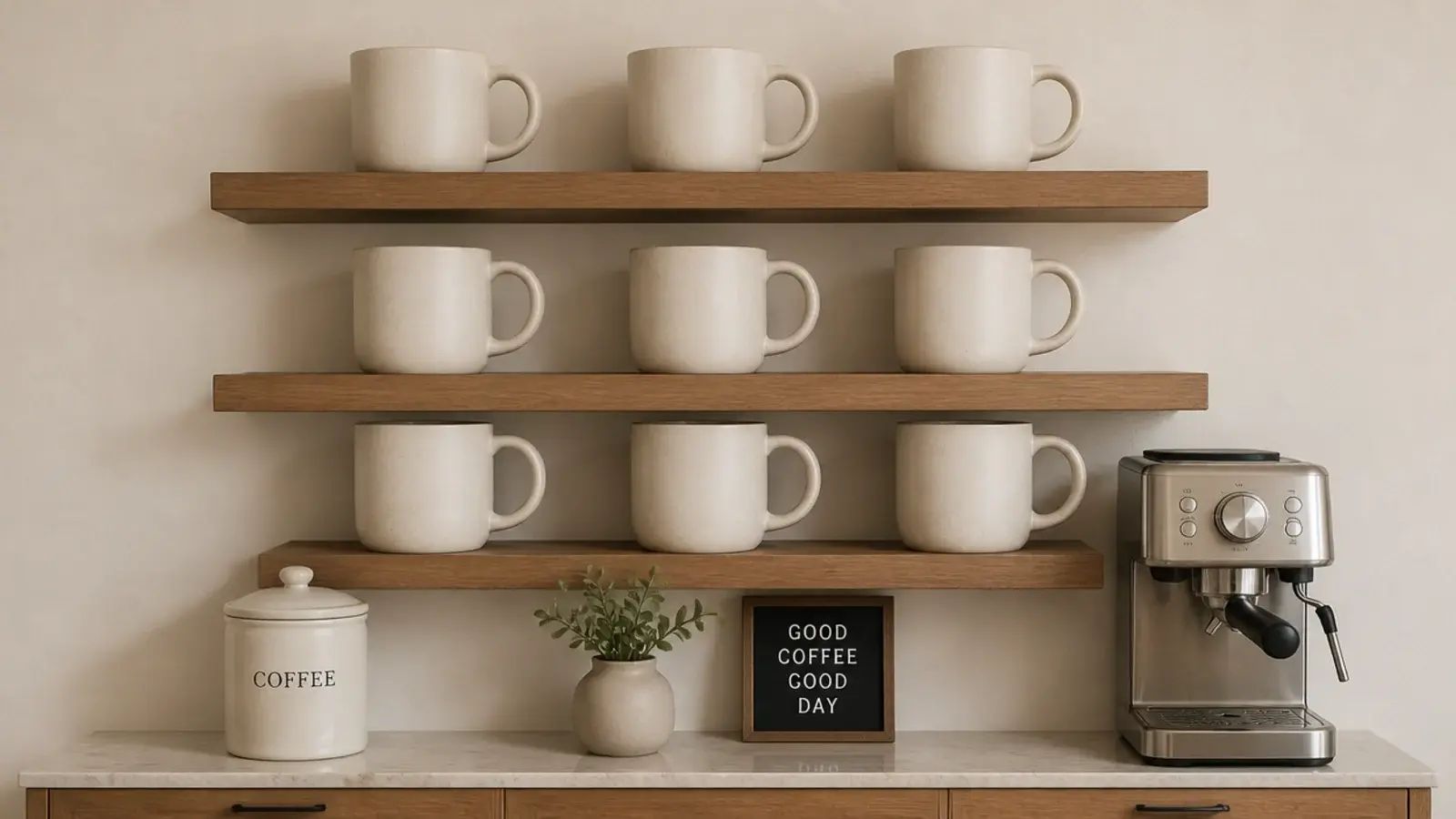 nine mugs arranged in a neat grid on shelves above a coffee bar