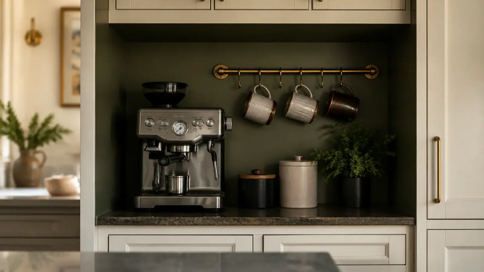 dark painted coffee alcove contrasting against a pale apartment kitchen