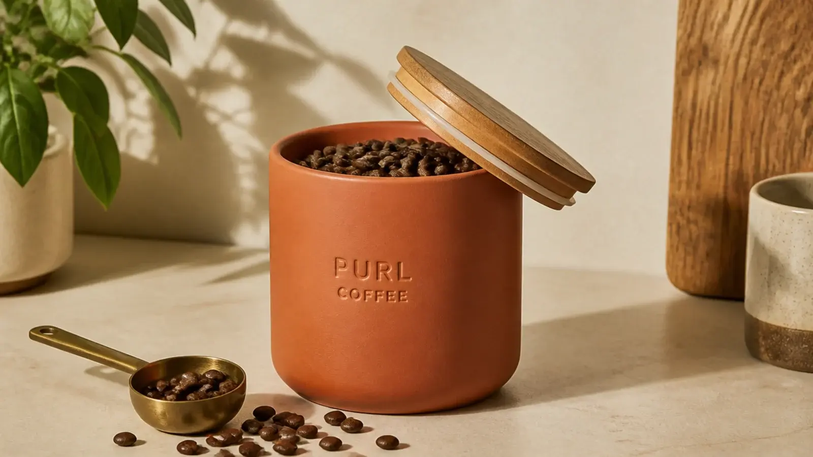 opaque clay bean canister with a sealed lid on a coffee counter
