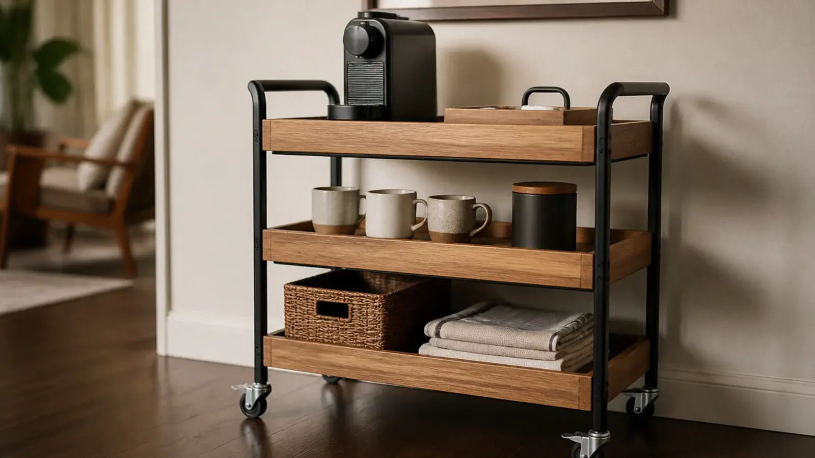 three tier rolling cart set up as a complete home coffee station