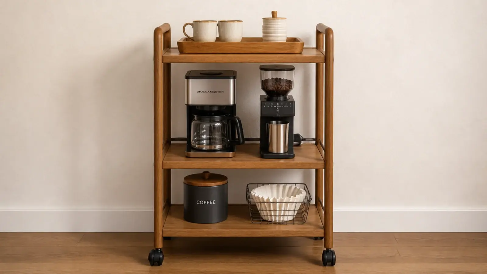 three tier coffee cart with each shelf holding a distinct group of items