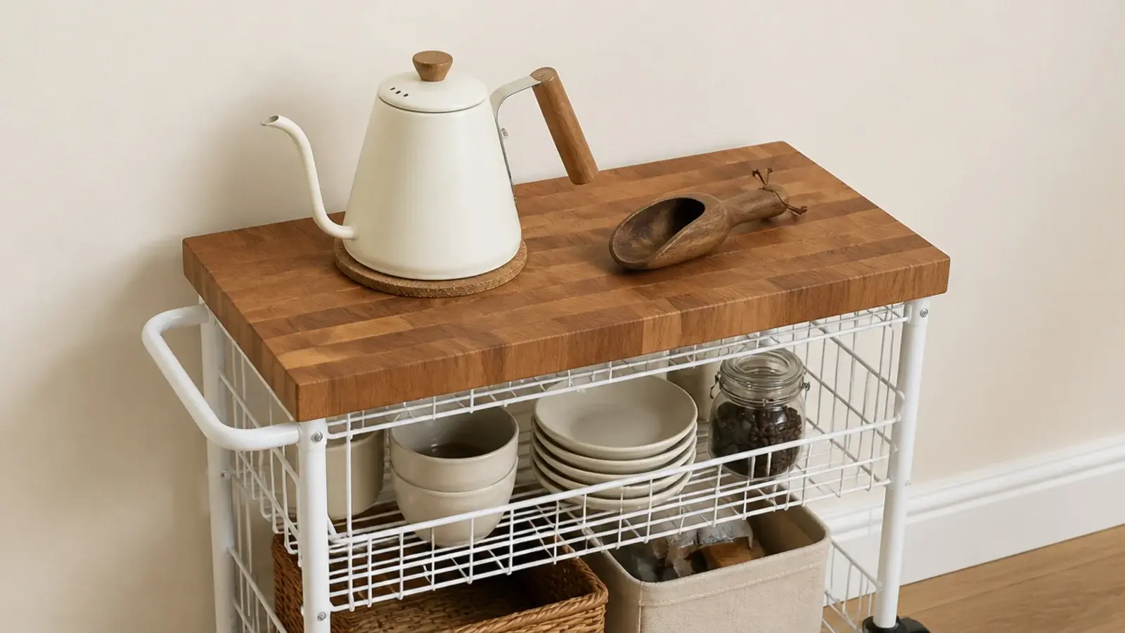 butcher block offcut laid over a wire cart shelf as a solid top