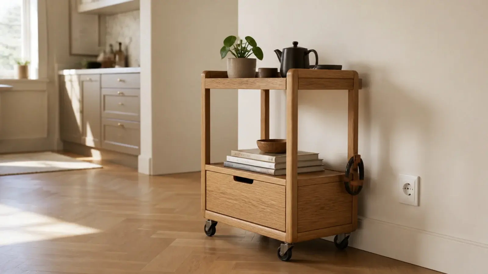 coffee cart parked beside a wall outlet with a short coiled cable