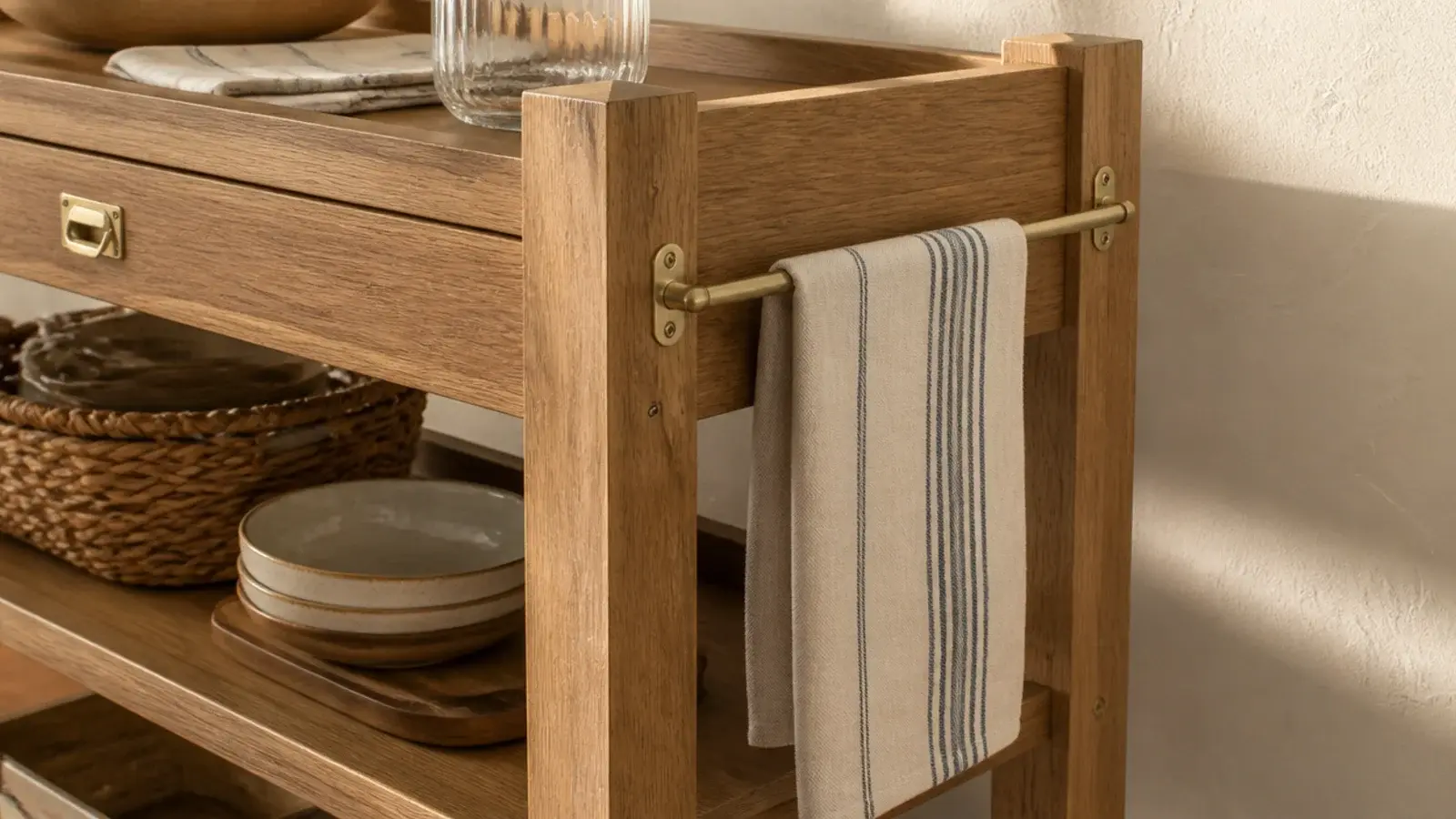 striped linen towel hanging from a slim rail on a cart side frame