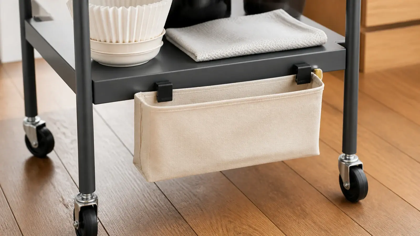 small fabric bin clipped beneath a cart bottom shelf holding filters