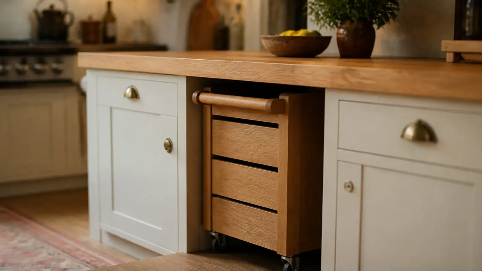 low rolling coffee cart tucked beneath a kitchen counter overhang