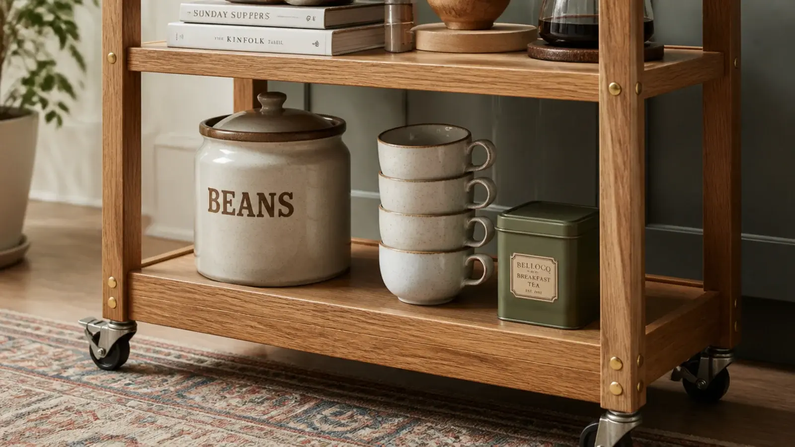 bean canister and backup mugs stacked on the lowest cart shelf