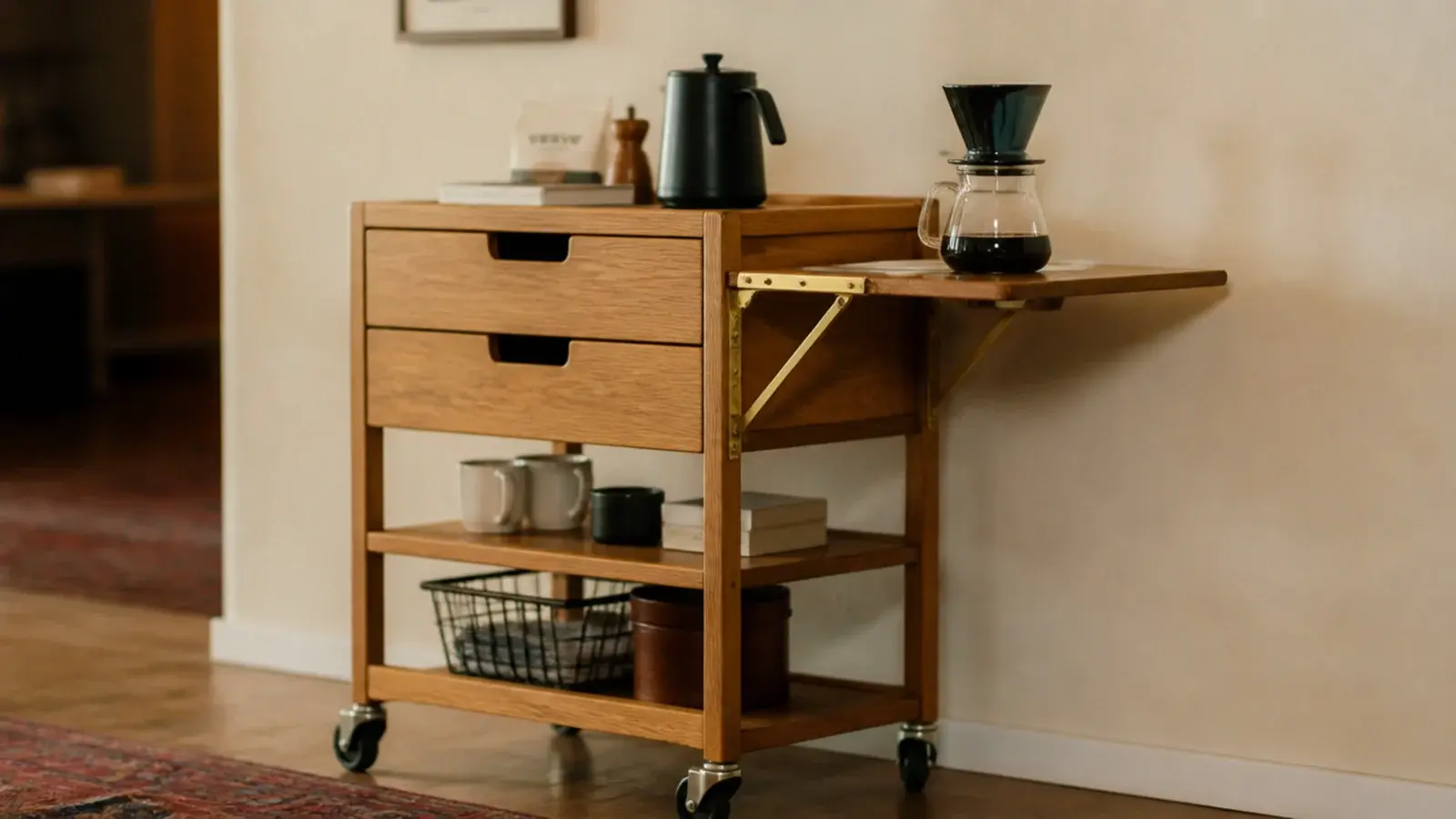 hinged side leaf folded up on a coffee cart creating extra surface