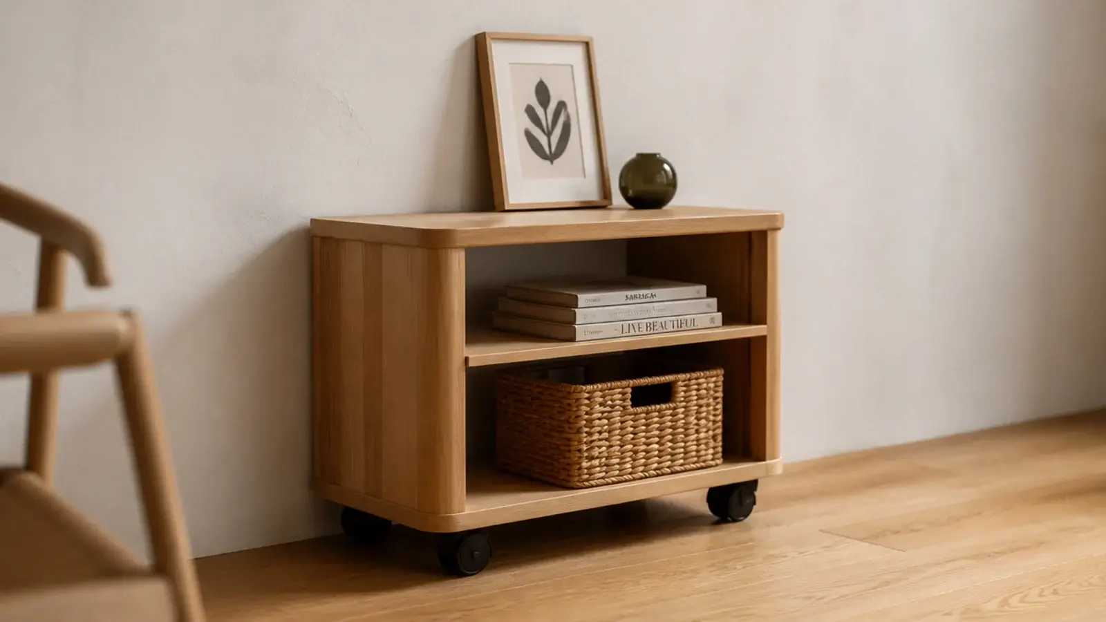 coffee cart pushed flat against a wall with its cable hidden behind