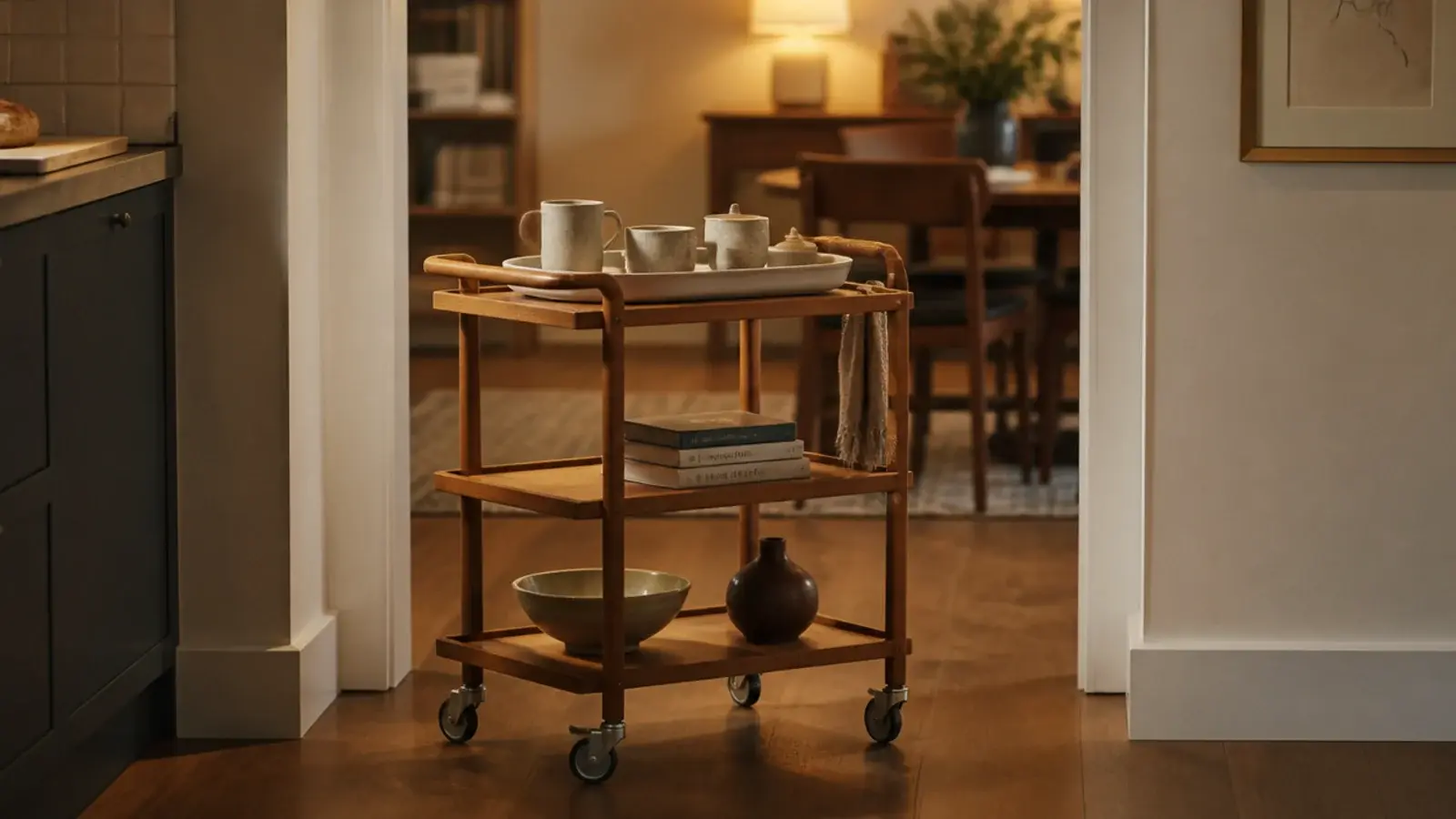 coffee cart being wheeled from a kitchen through to a dining room