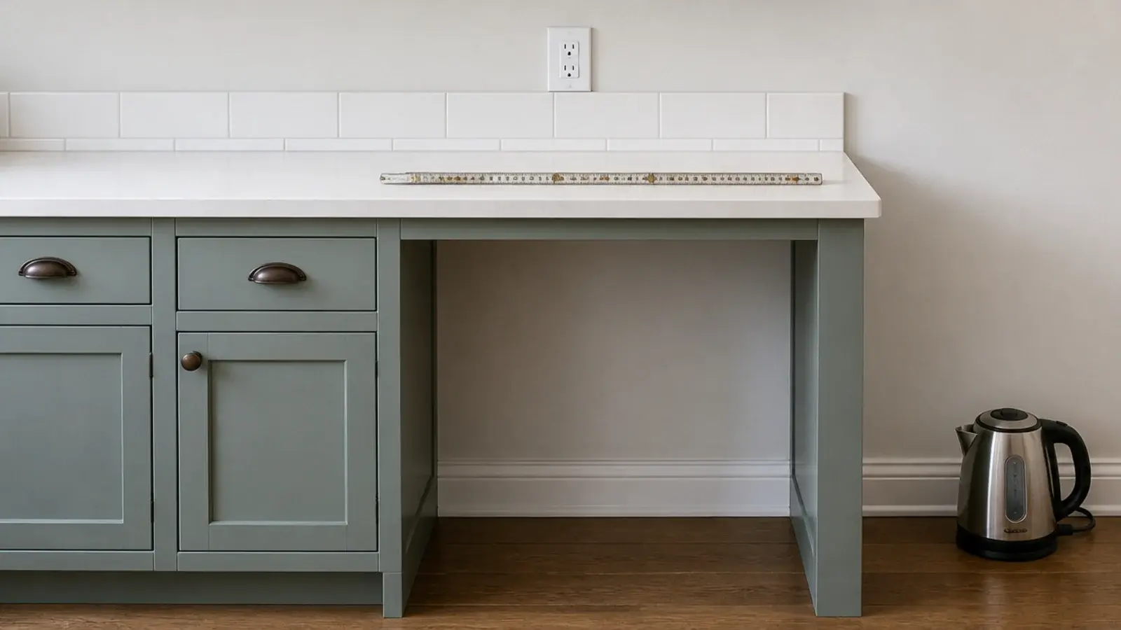 narrow strip of kitchen counter measured for a small budget coffee bar