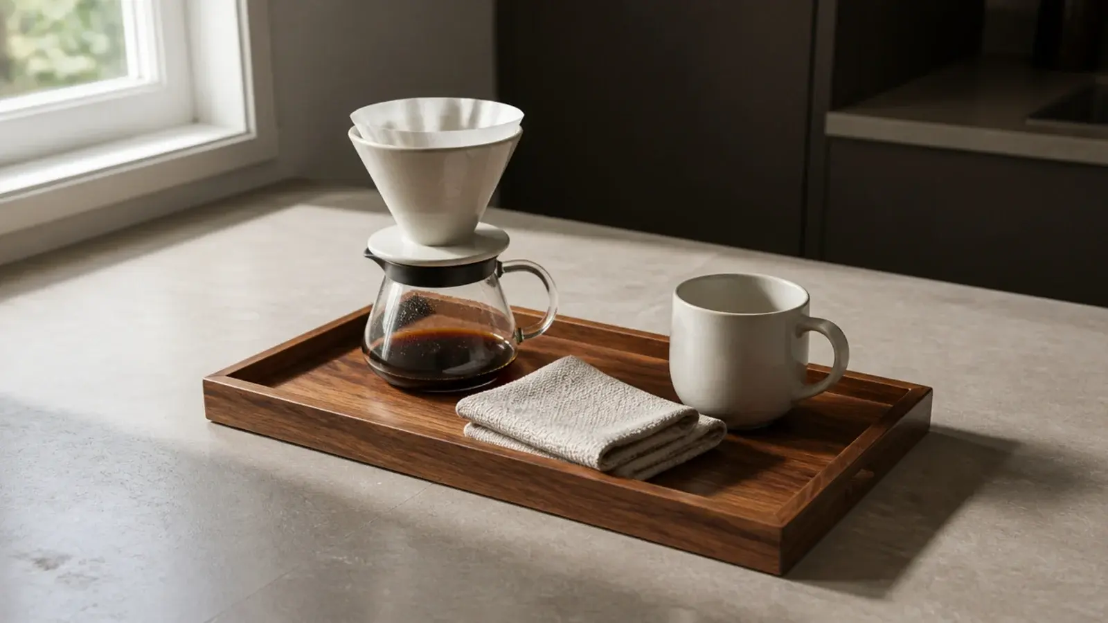 inexpensive wooden tray holding a small coffee setup on a counter
