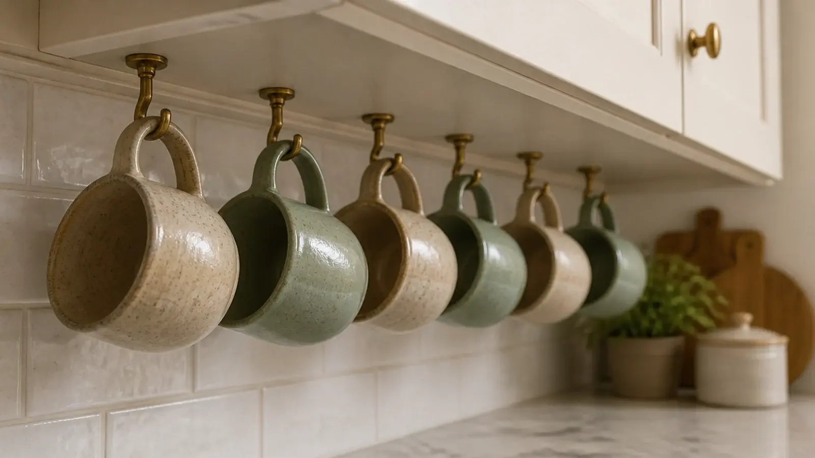 brass mug hooks screwed under a kitchen cabinet holding six mugs