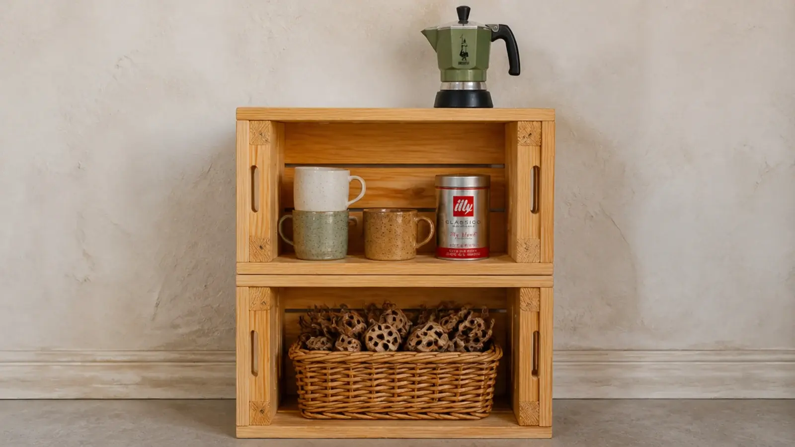 two stacked wooden crates forming a budget coffee station tower