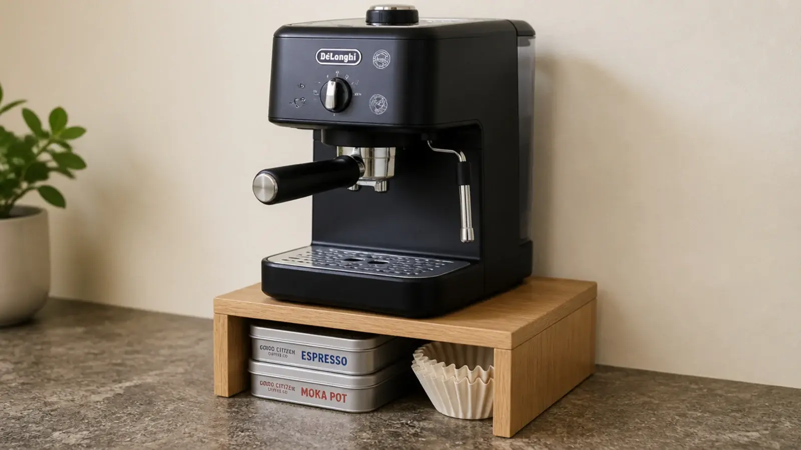 coffee machine on a low wooden riser with tins stored beneath it