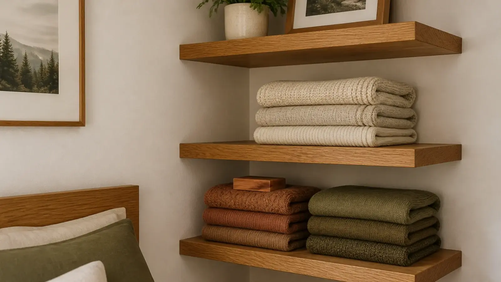 neatly folded knit sweaters stacked on open wooden corner shelves
