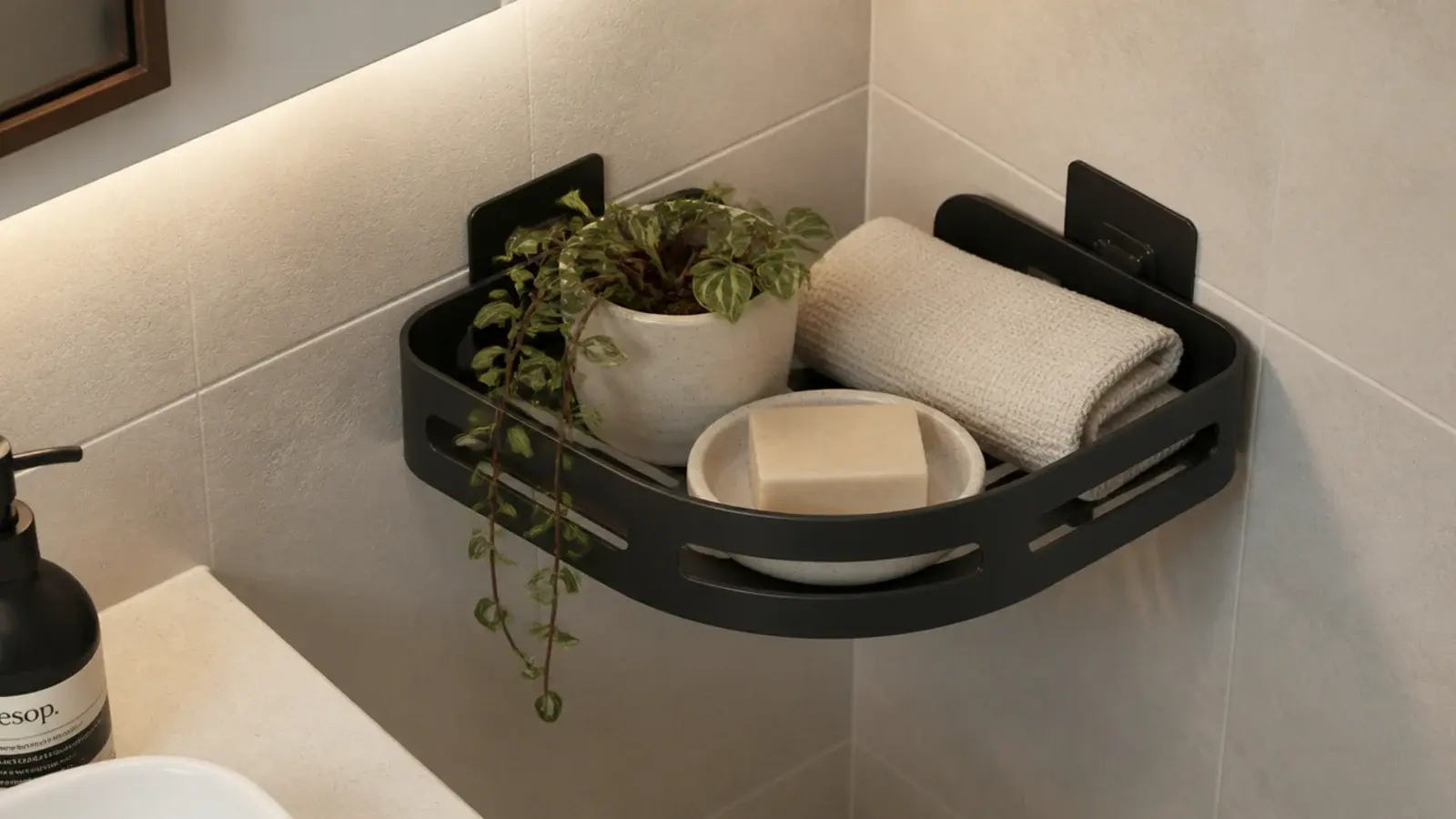 small adhesive mounted corner caddy holding soap and a plant in a rental