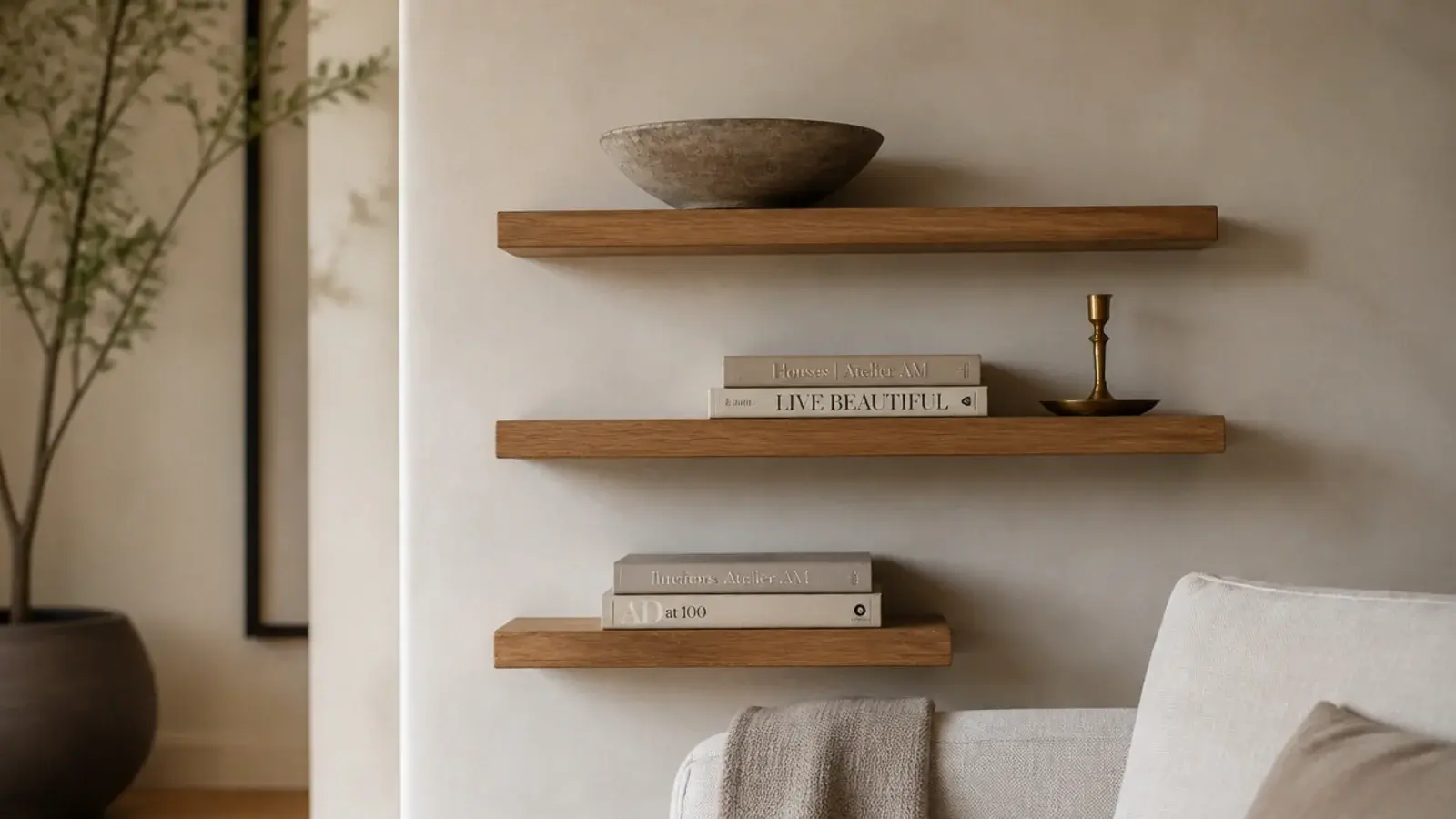 empty living room corner transformed with three staggered oak shelves