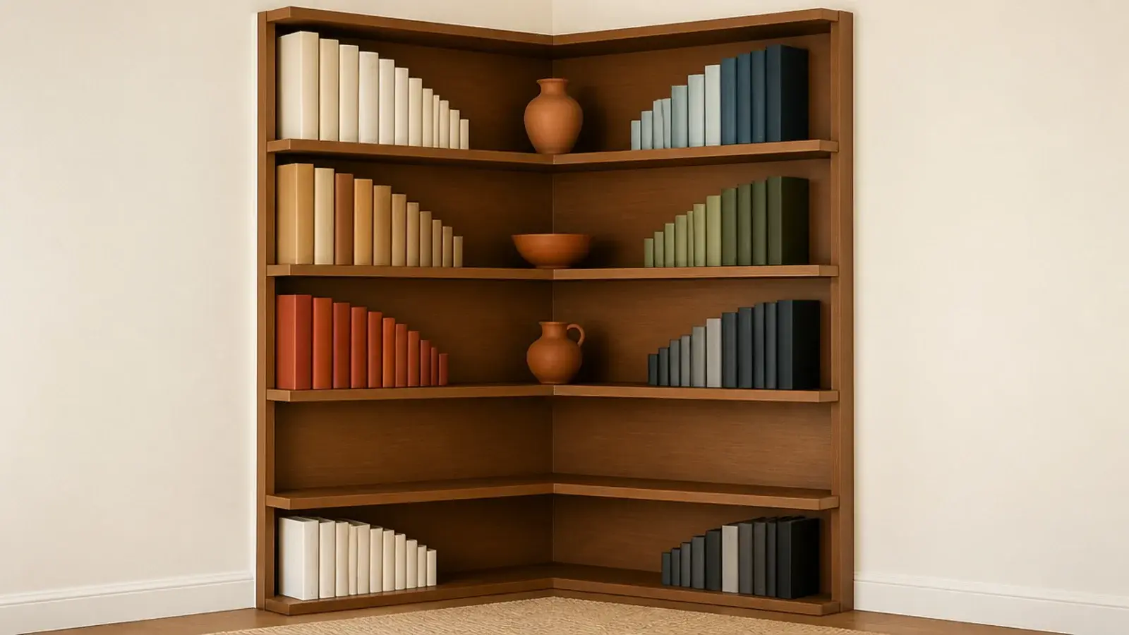 corner bookshelf edited from packed shelves to a calm curated display