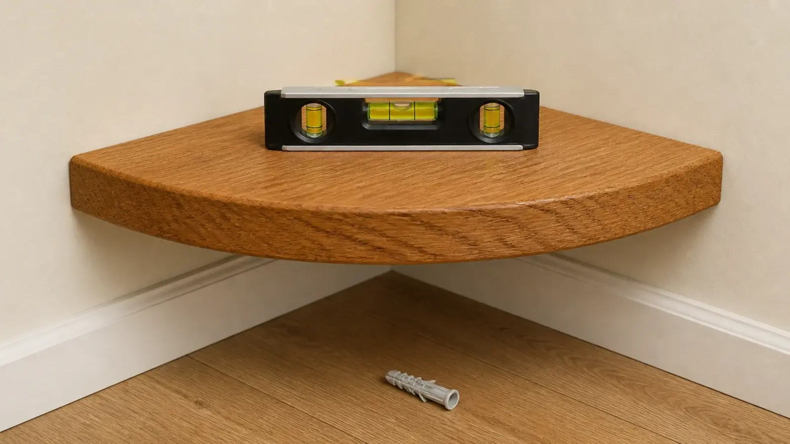 corner shelf remounted level on toggle bolts after plastic plugs failed