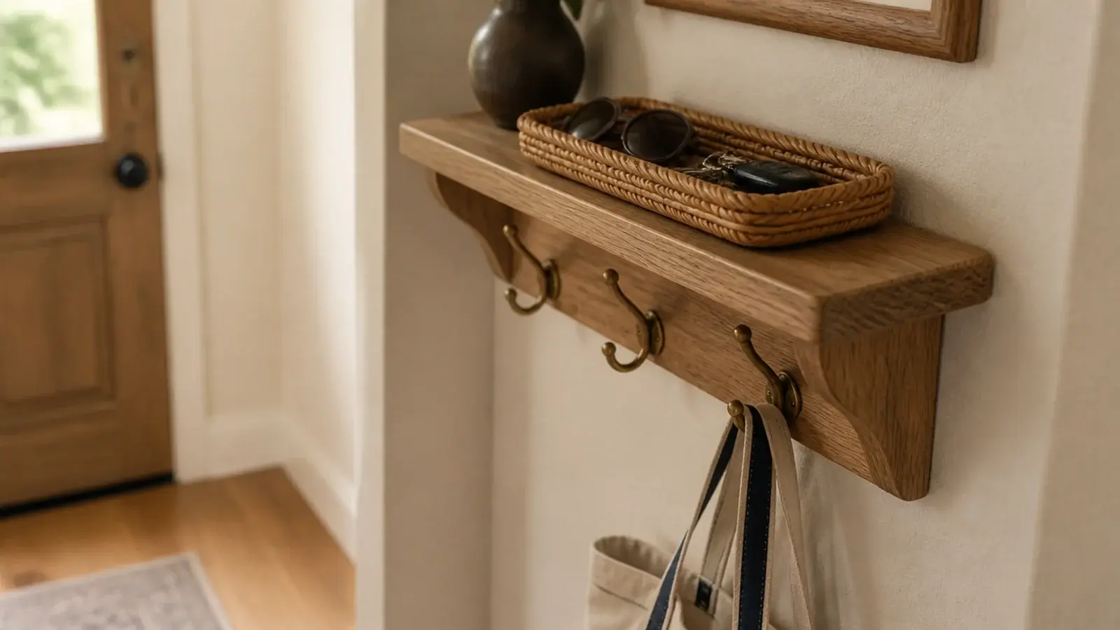 entryway corner shelf with a tray and hooks organising keys and bags