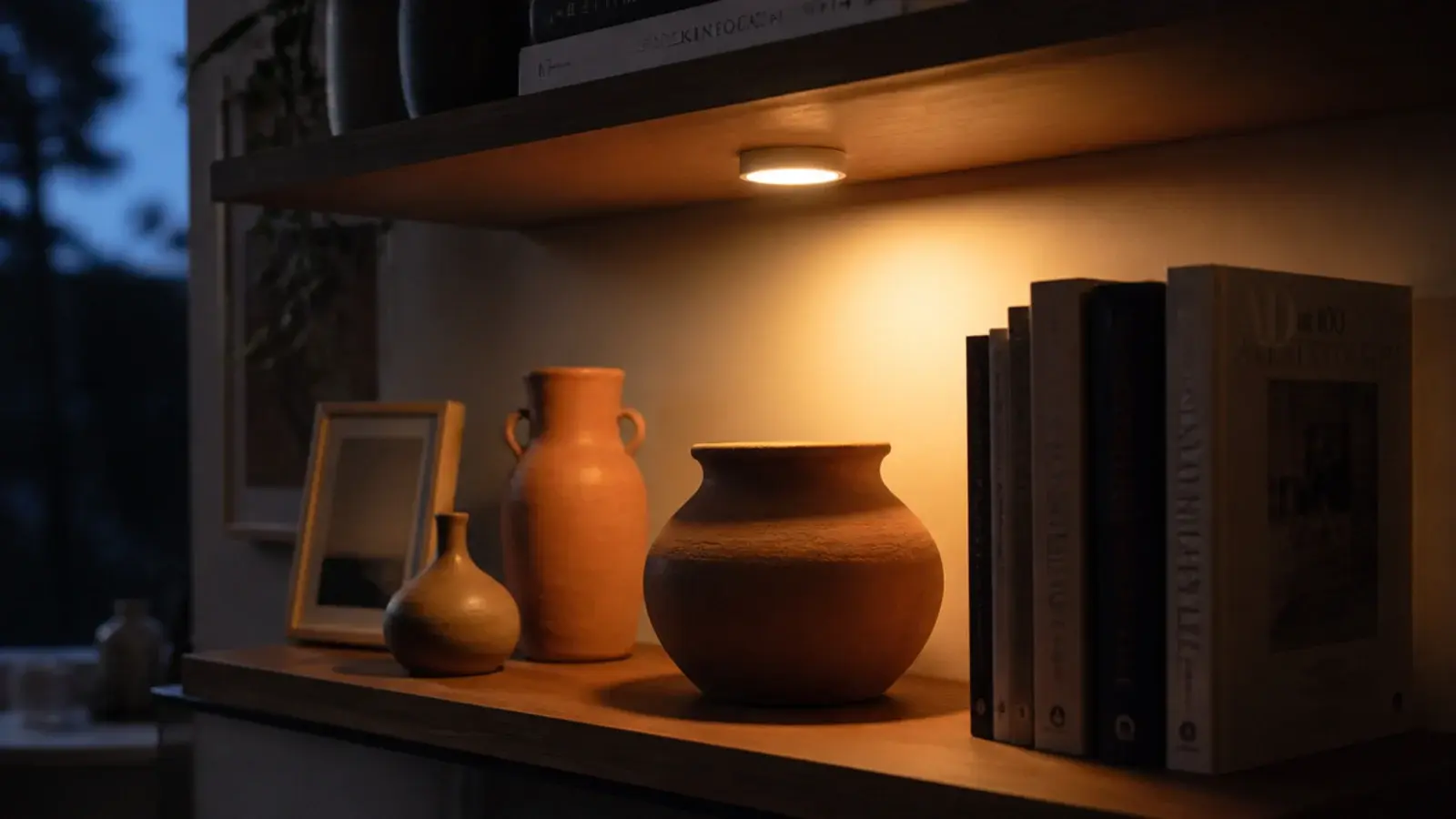 dark room corner lit by a warm puck light under the top shelf