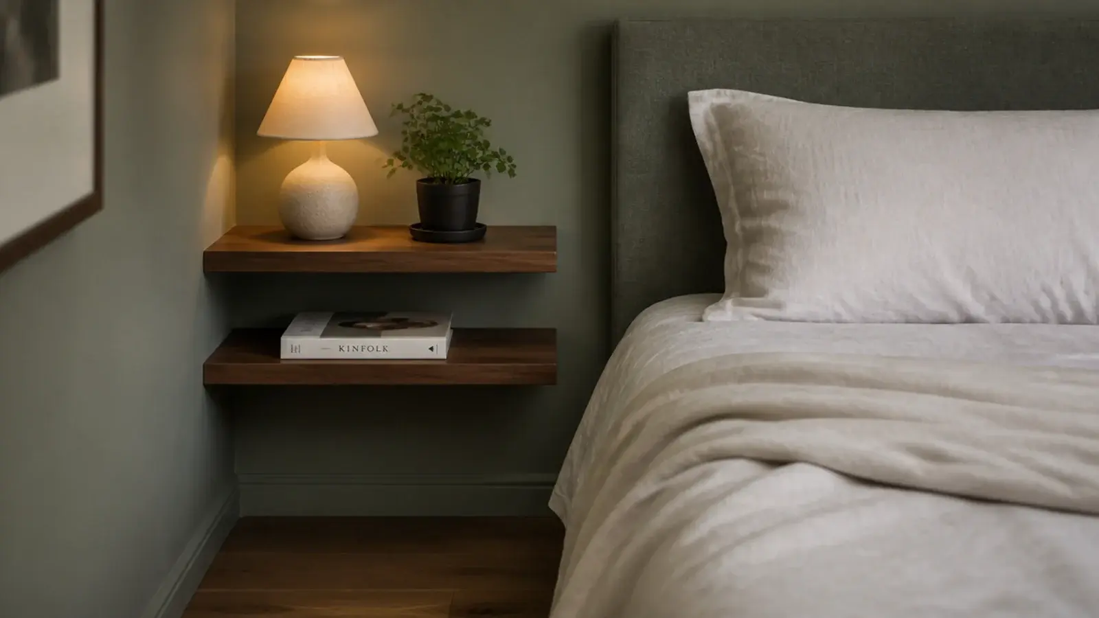 two floating corner shelves replacing a bulky bedside nightstand