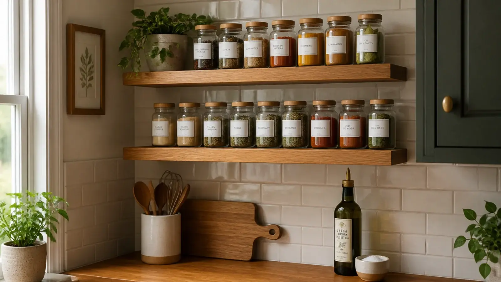 kitchen corner fitted with two spice shelves above a butcher counter