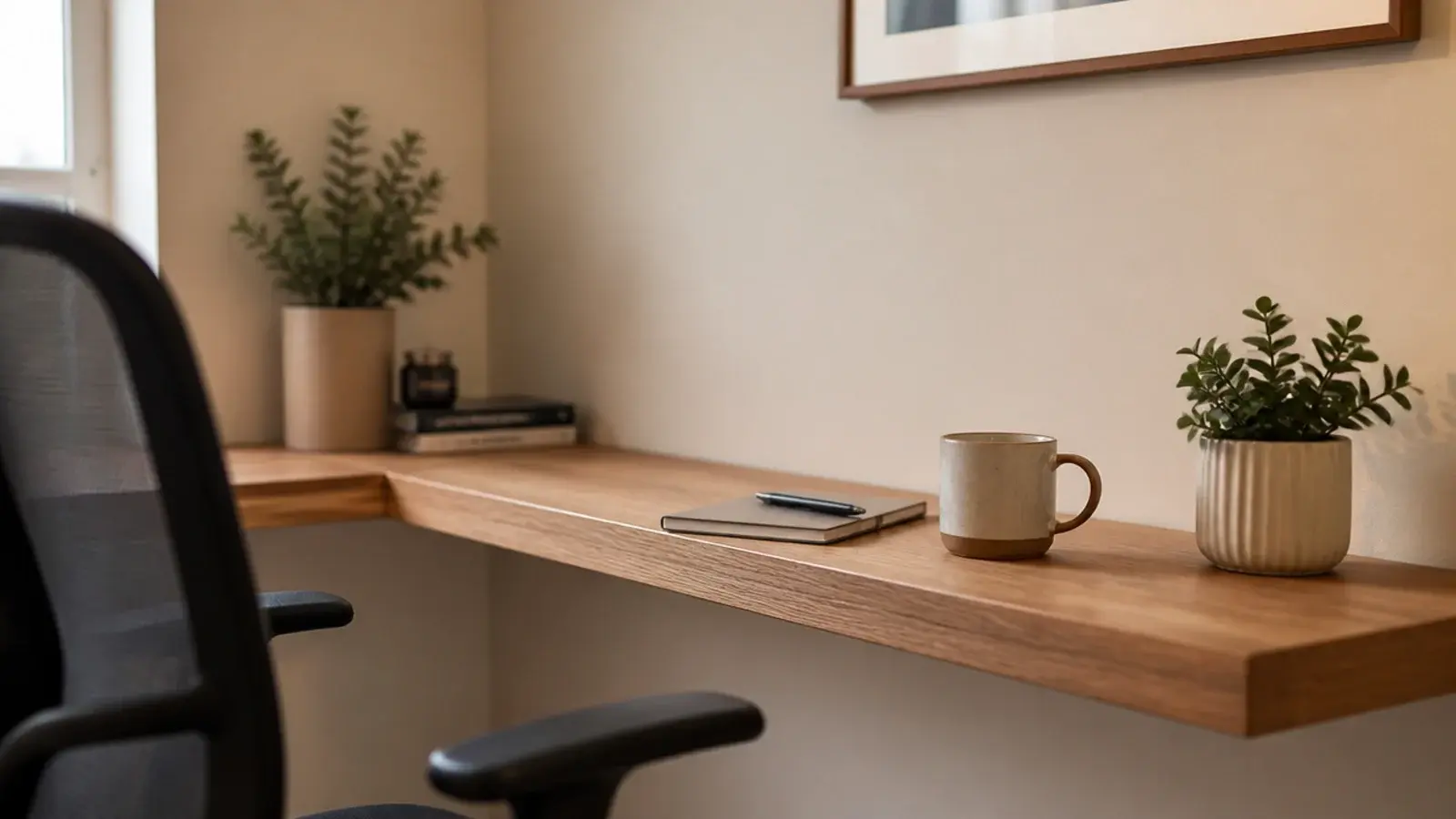 floating corner shelf extending a small desk surface around the corner