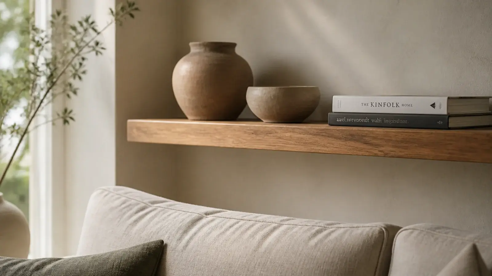 single oak shelf mounted above a linen sofa filling a bare corner wall