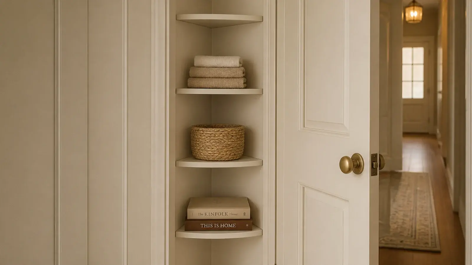 shallow corner shelves fitted behind an open door holding linens