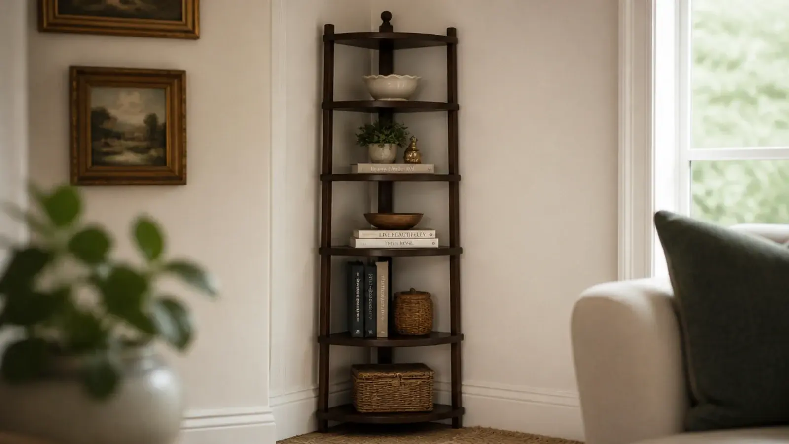 freestanding corner etagere anchored to the wall with weight loaded low