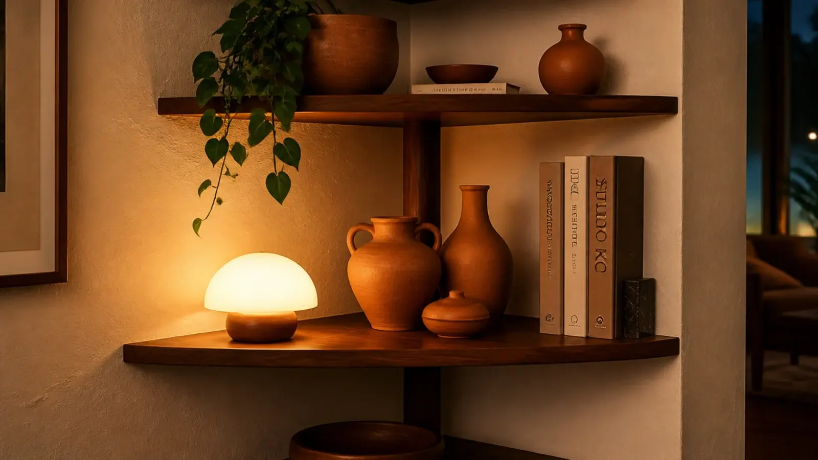 warm 2700k light making terracotta and walnut read warm on a shelf